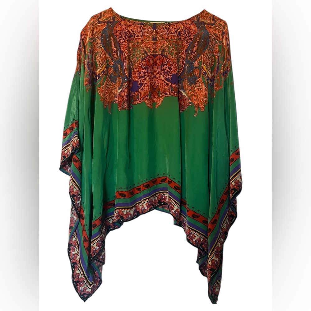 Sundance Sunrise Caftan Silky Poncho Top Green One Size Womens